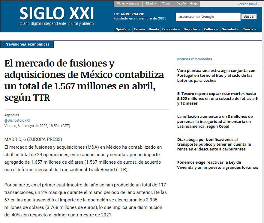 El mercado de fusiones y adquisiciones de Mxico contabiliza un total de 1.567 millones en abril, segn TTR